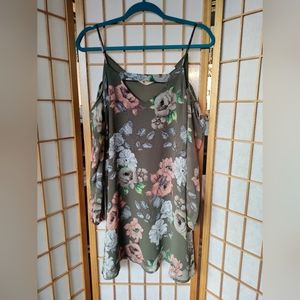 Peach Love California Olive Green Floral Cold-Shoulder Dress Small